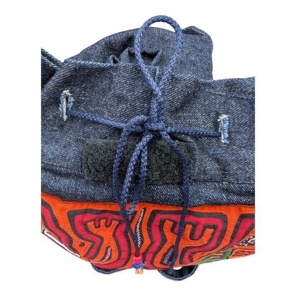 Panama KUNA MOLA Colorful Two Frogs Folk Art Hand Sewn Denim backpack Boho Artsy - Picture 5 of 8